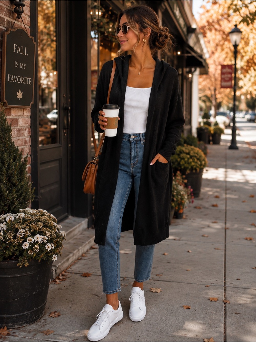 SHEIN Black Hooded Longline Cardigan with Pockets